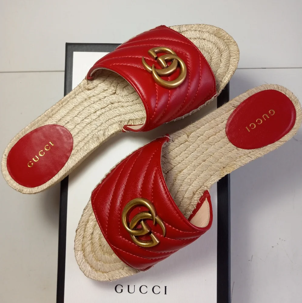 NEW GUCCI GG MARMONT MATELASSE LEATHER ESPADRILLE SANDALS RED/GOLD SZ 37 - Picture 1 of 16